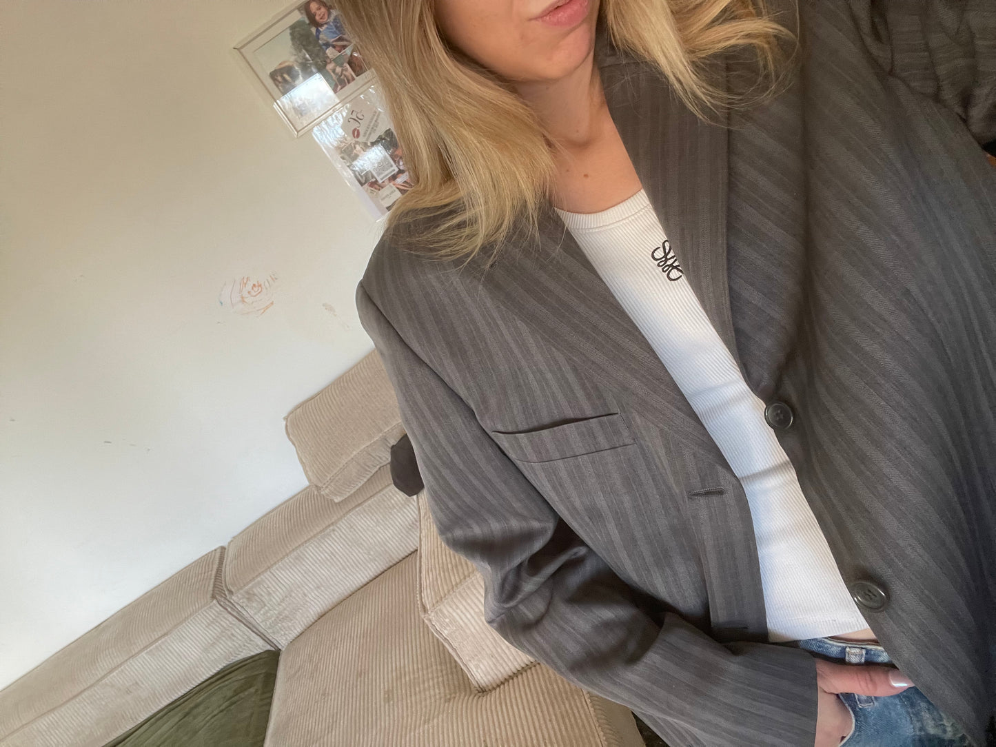 Blazer en laine à rayures grises oversize – Élégance intemporelle (taille 36 à 40)
