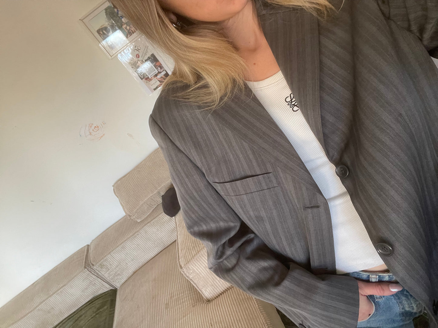Blazer en laine à rayures grises oversize – Élégance intemporelle (taille 36 à 40)