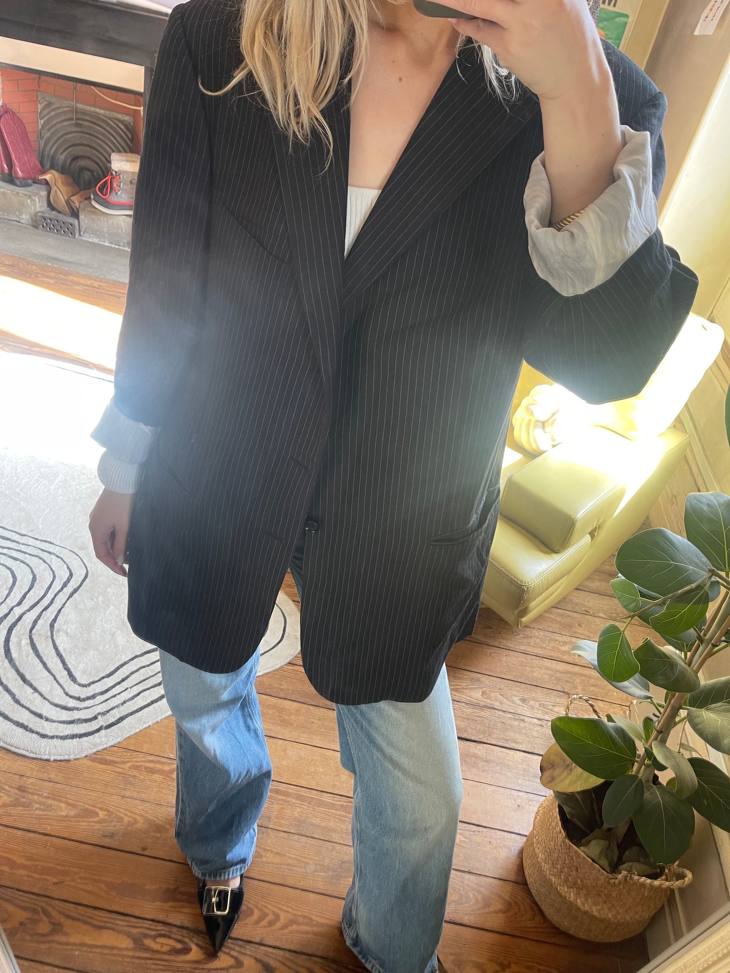 Blazer noir à fines rayures blanches taille unique
