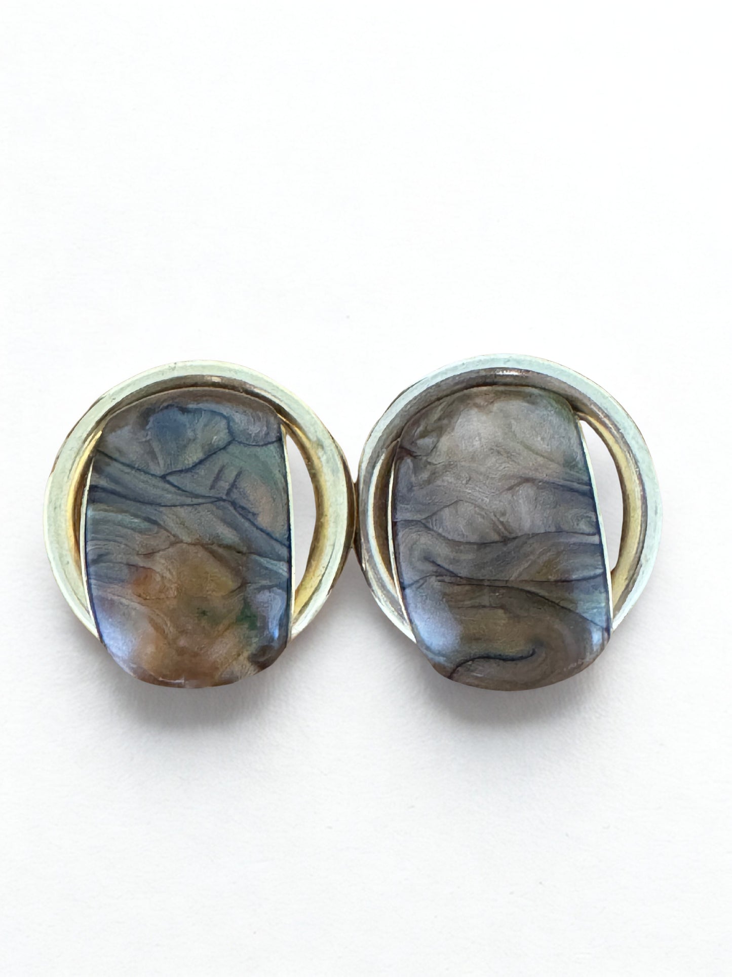 Clips d’oreilles vintage – Cabochon marbré effet pierre – Années 80