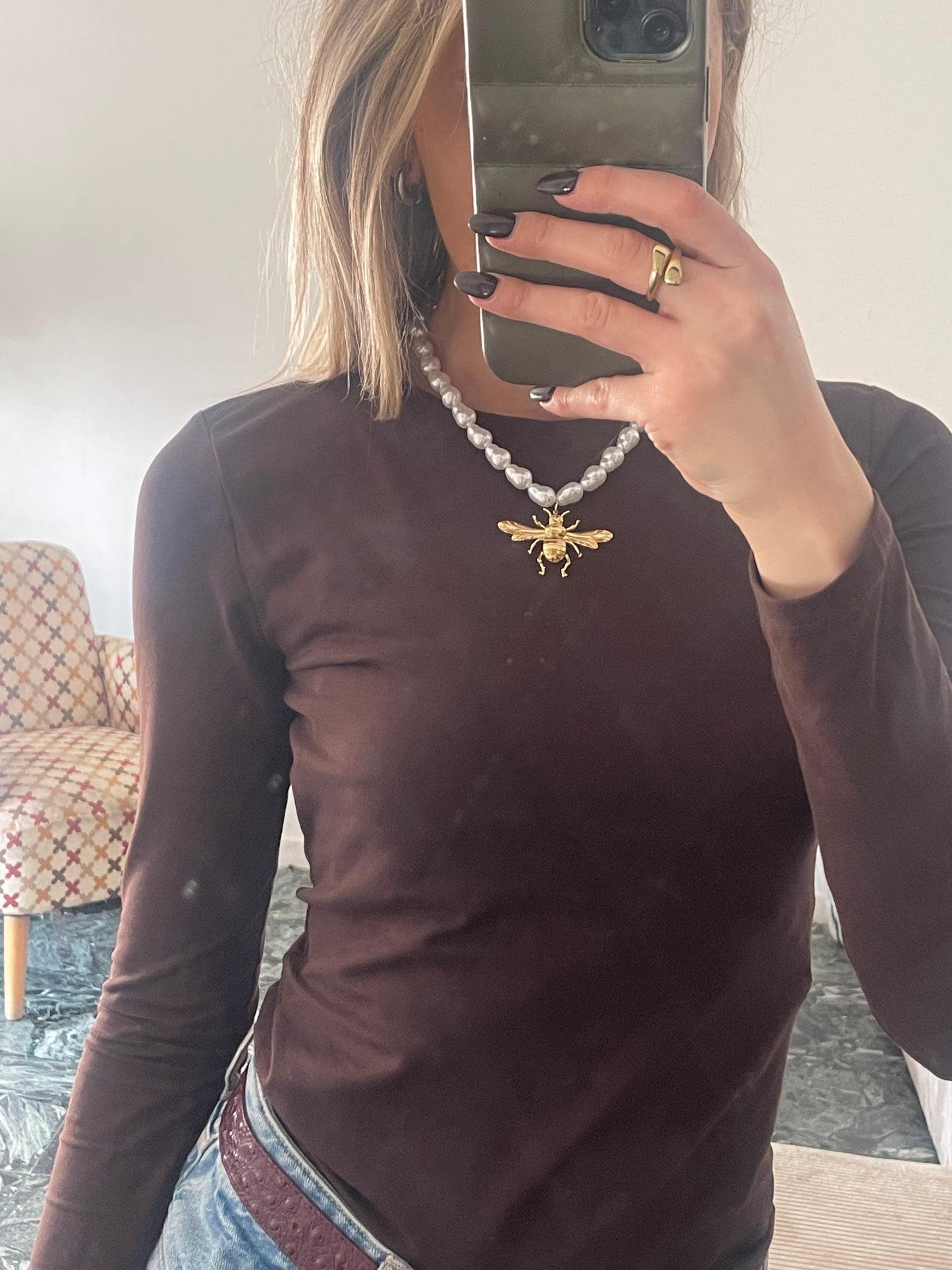 Collier en acier inoxydable abeille et perles