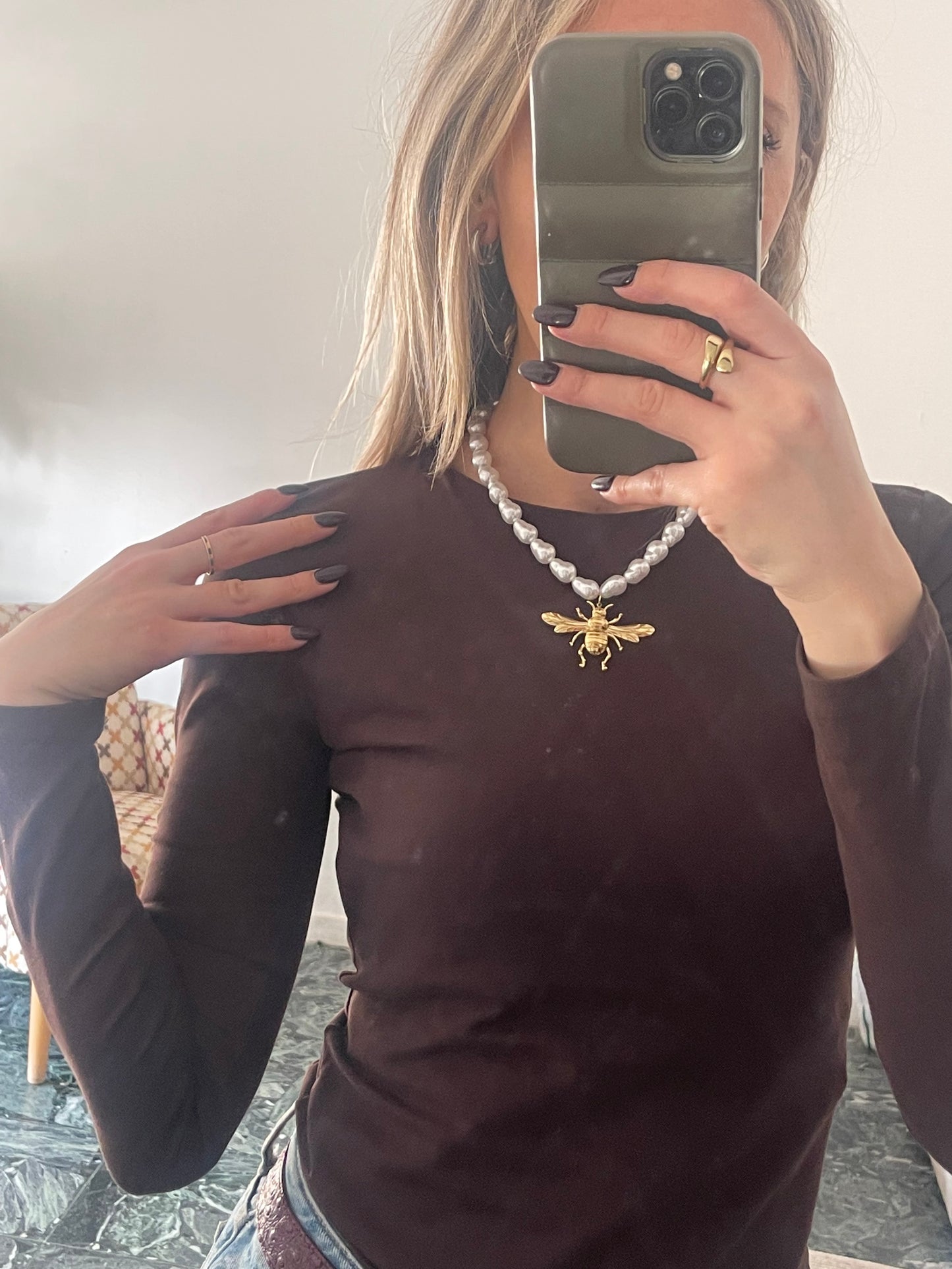 Collier en acier inoxydable abeille et perles