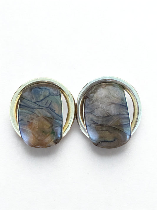 Clips d’oreilles vintage – Cabochon marbré effet pierre – Années 80